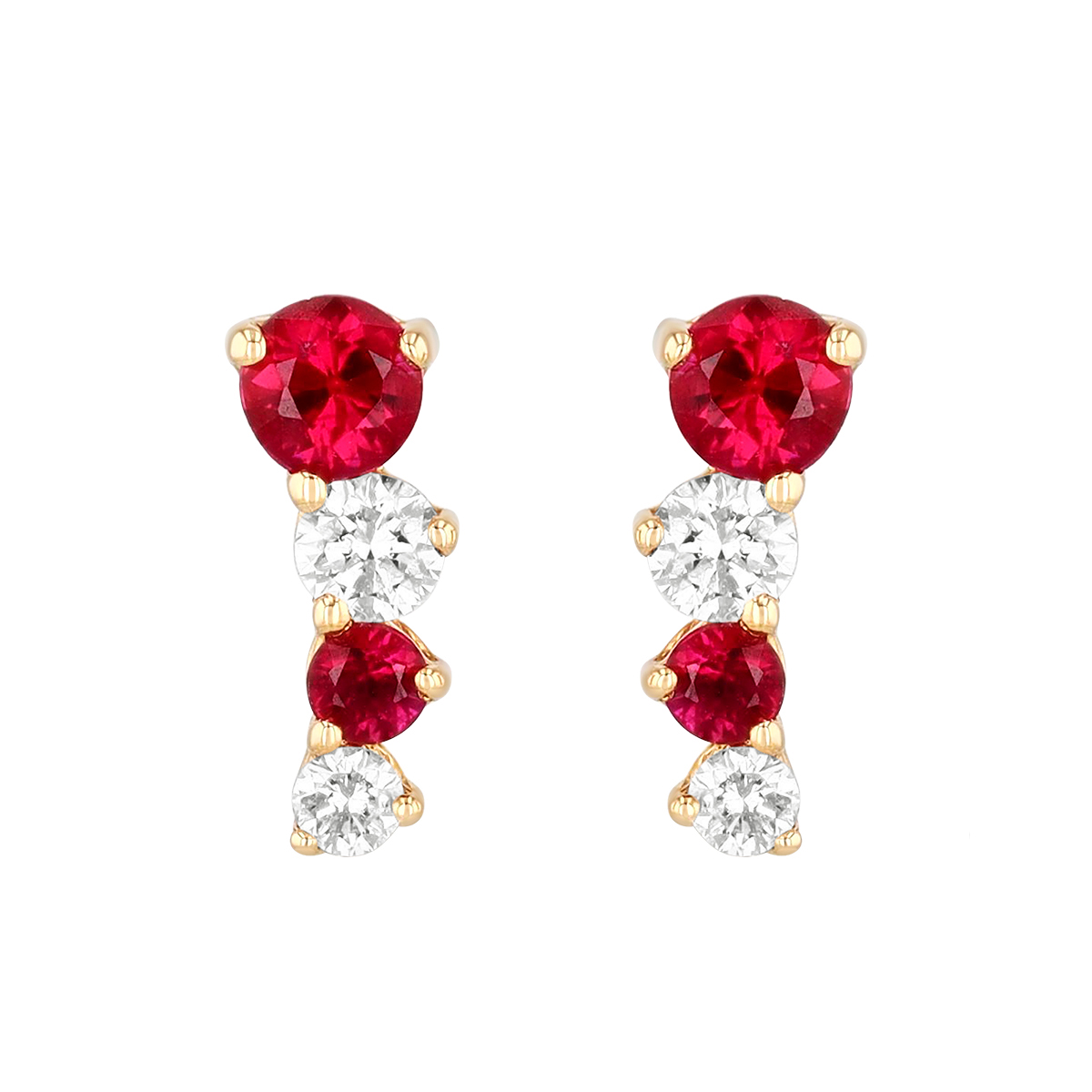 Graduated Round Ruby & Diamond Climber Stud Earrings in Yellow Gold
