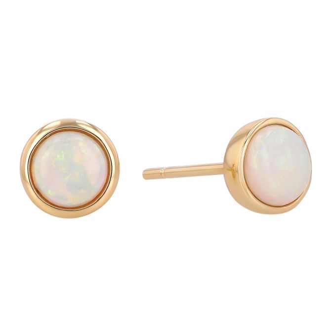 Round White Opal Bezel Set Stud Earrings in Yellow Gold