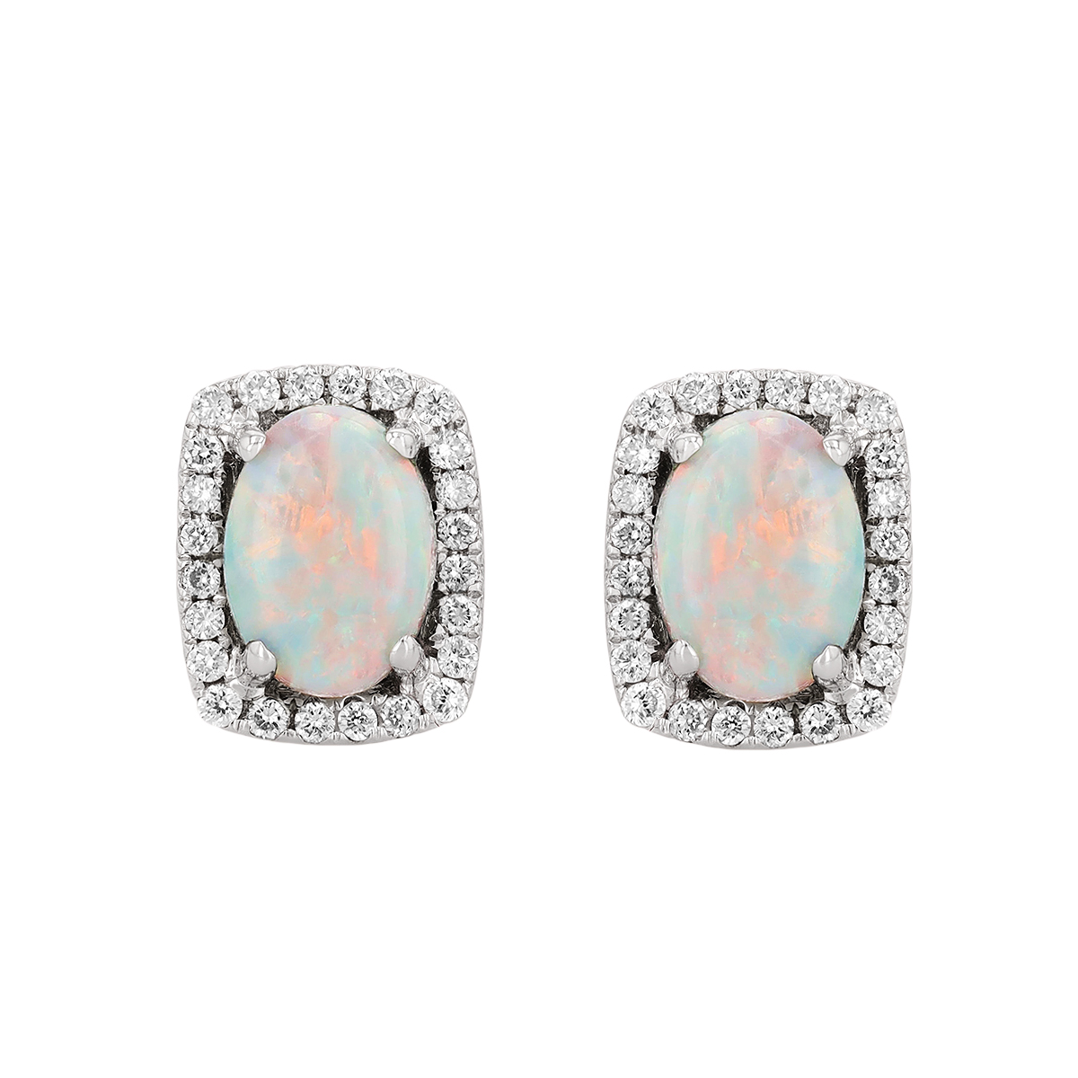 Oval White Opal & Diamond Rectangle Halo Stud Earrings in White Gold