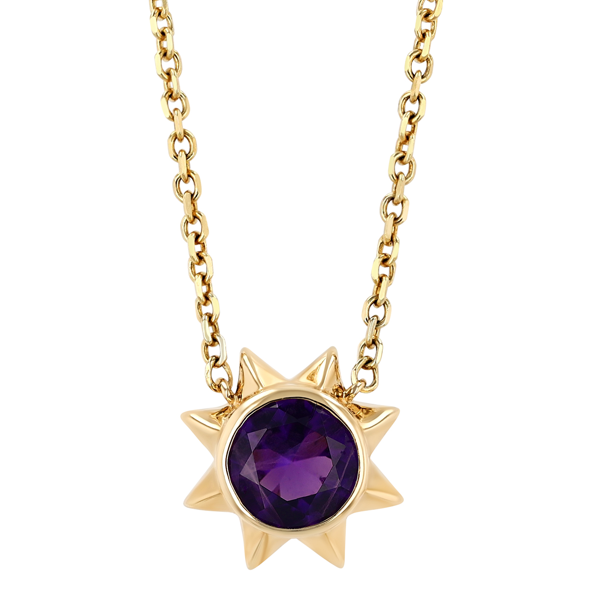 Round Amethyst Sun Necklace in Yellow Gold, 18