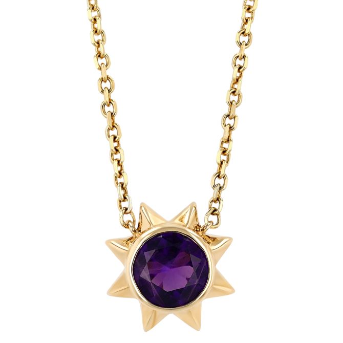 Round Amethyst Sun Necklace in Yellow Gold, 18"