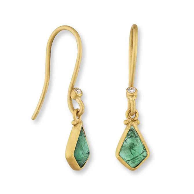 Lika Behar Lizzy Bezel Set Kite Shape Emerald Dangle Earrings with Diamond Accent in Yellow Gold