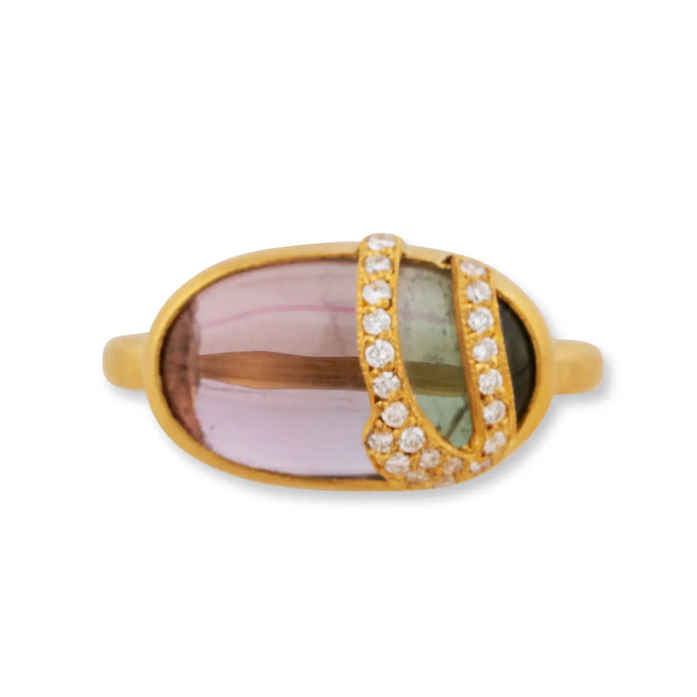 Lika Behar Oval Cabochon Watermelon Tourmaline & Diamond Ring in Yellow Gold