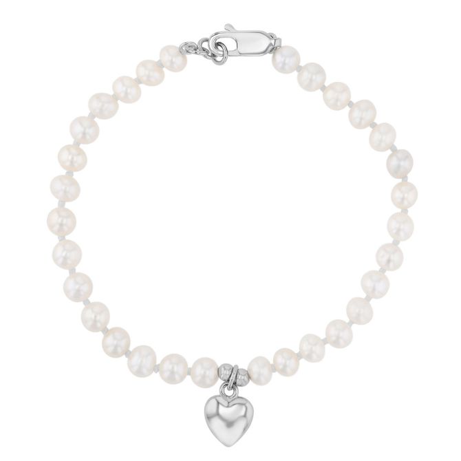 Children's Cultured Pearl Bead & Heart Charm Bracelet in Sterling Silver, 6.25"