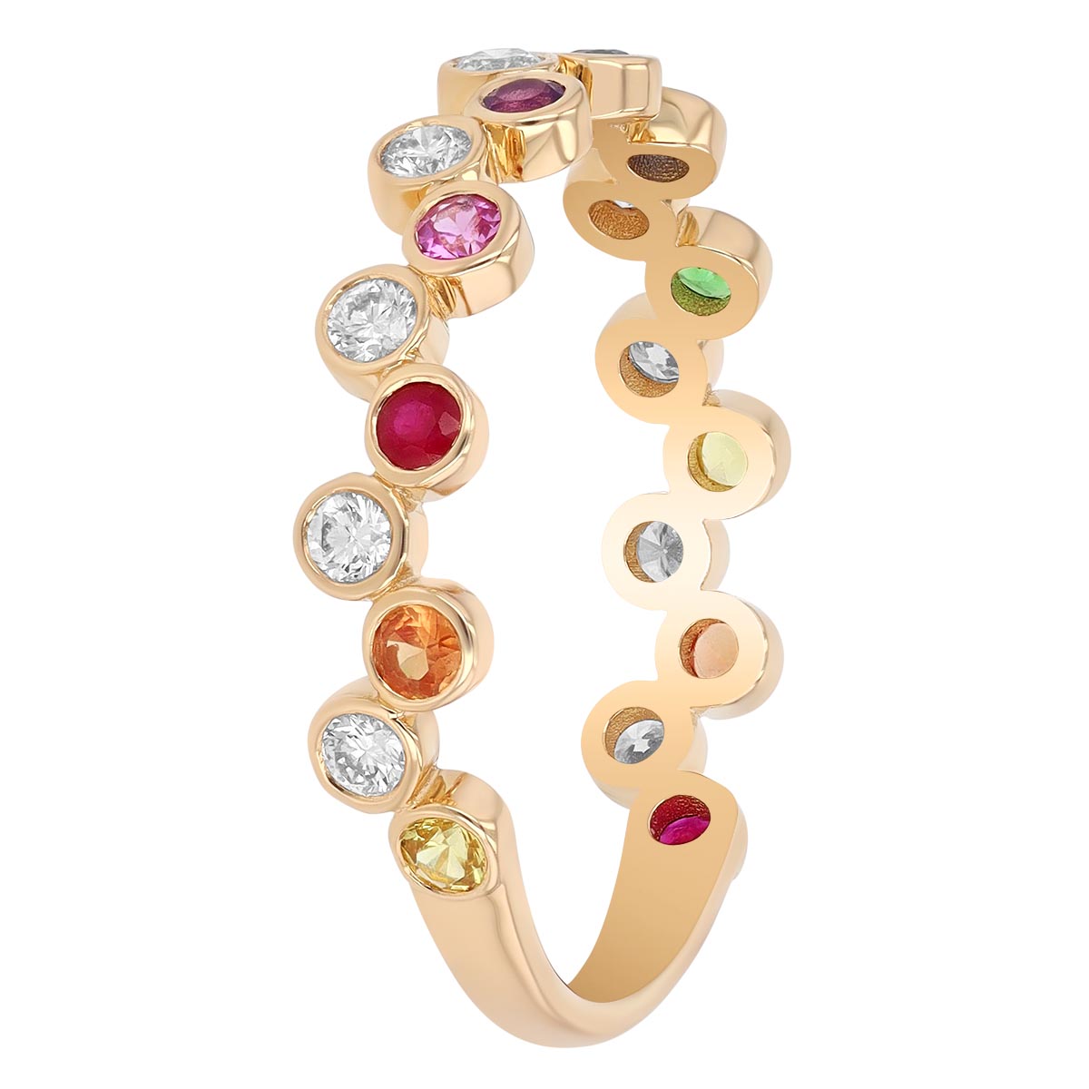 Multicolored Rainbow Sapphire & Diamond Bezel Set Band Ring in Yellow Gold