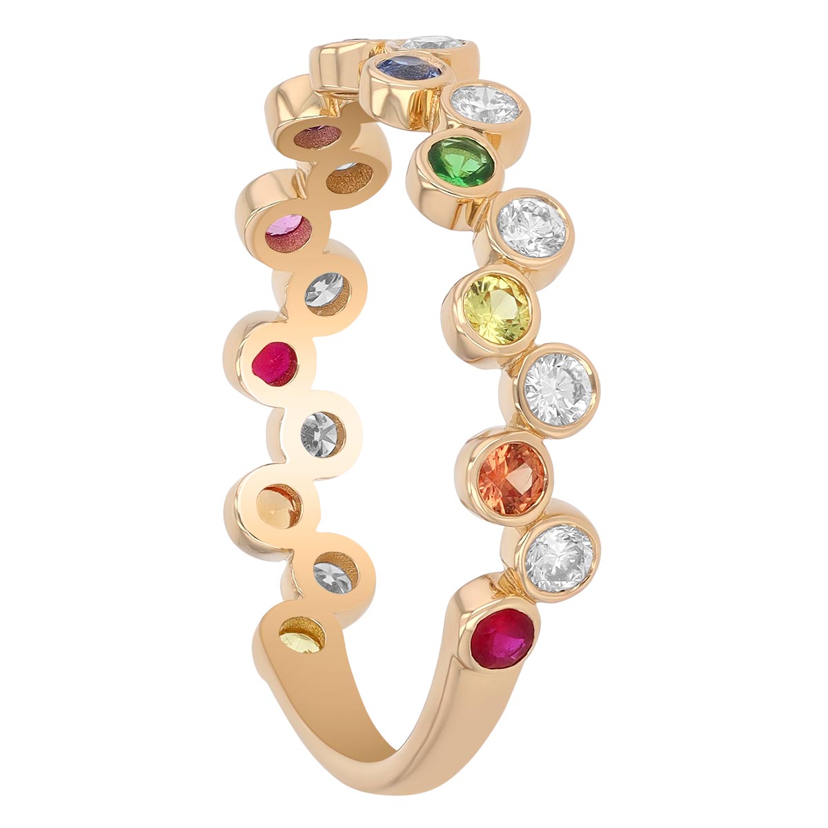 Multicolored Rainbow Sapphire & Diamond Bezel Set Band Ring in Yellow Gold