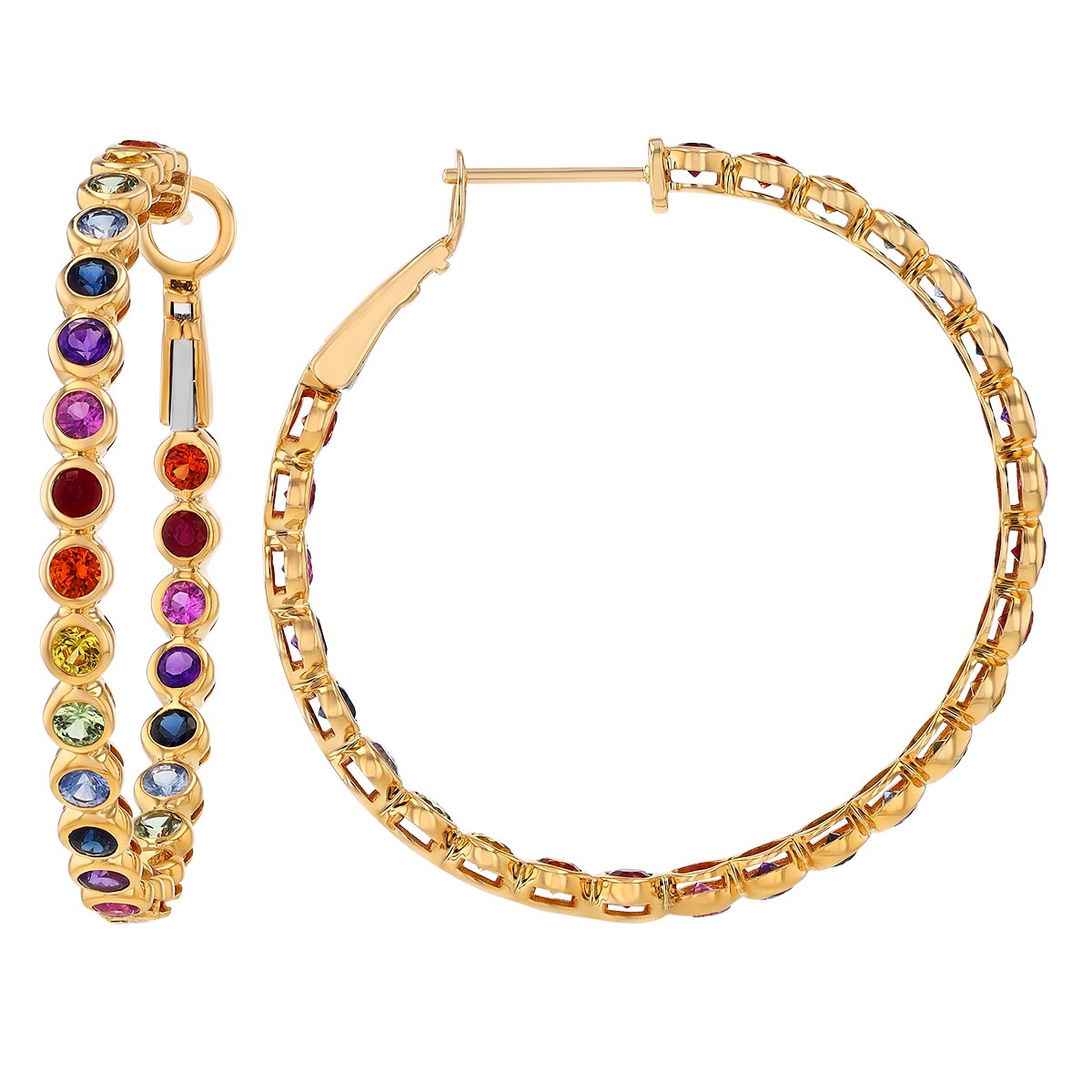 Multicolored Sapphire, Ruby & Amethyst Bezel Set In & Out Hoop Earrings in Yellow Gold
