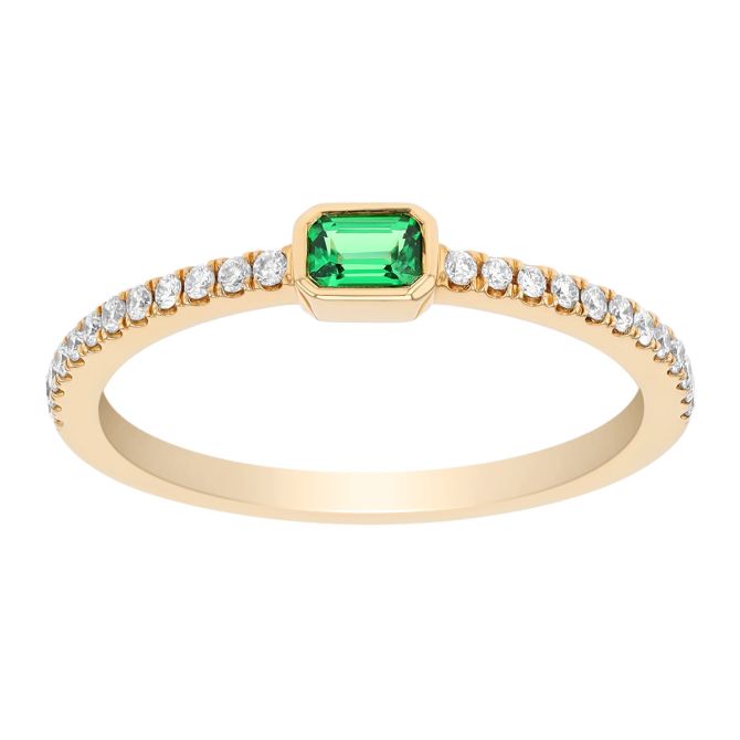 Bezel Set Emerald Cut Tsavorite Garnet & Diamond Ring in Yellow Gold