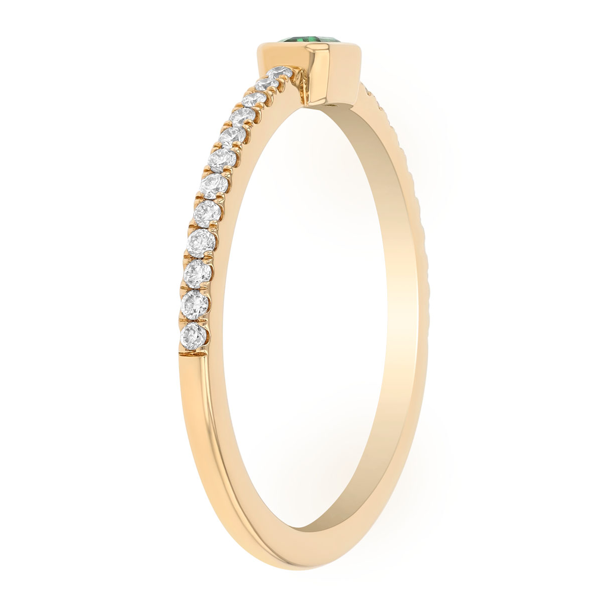 Bezel Set Emerald Cut Tsavorite Garnet & Diamond Ring in Yellow Gold