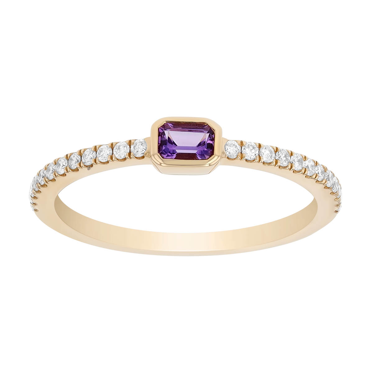 Bezel Set Emerald Cut Amethyst & Diamond Ring in Yellow Gold