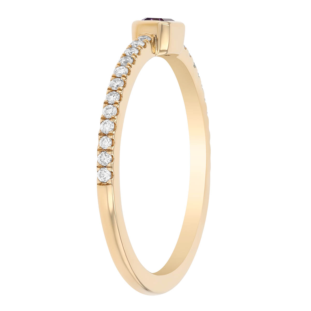 Bezel Set Emerald Cut Amethyst & Diamond Ring in Yellow Gold