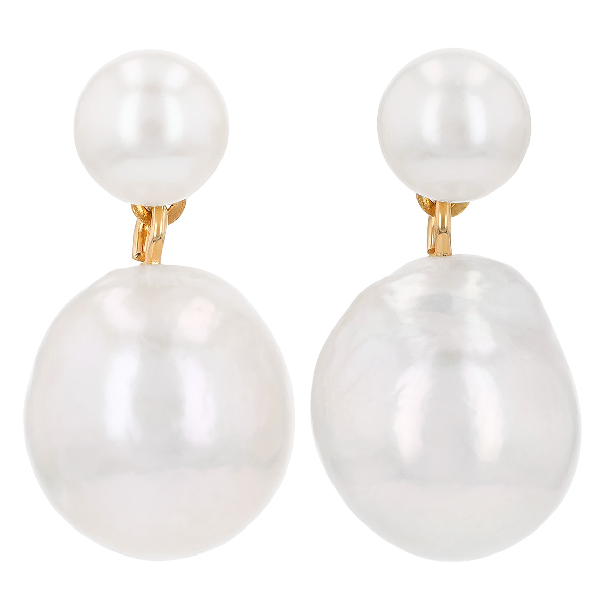 White Baroque Cultured Pearl Double Drop Earrings in Yellow Gold
