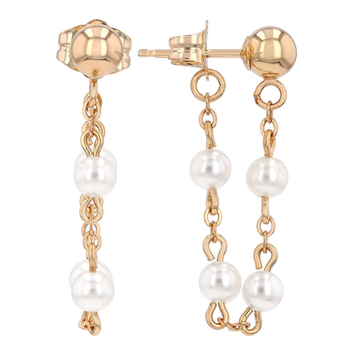 Freshwater Cultured Pearl Front-to-Back Chain Dangle Earrings in Yellow Gold