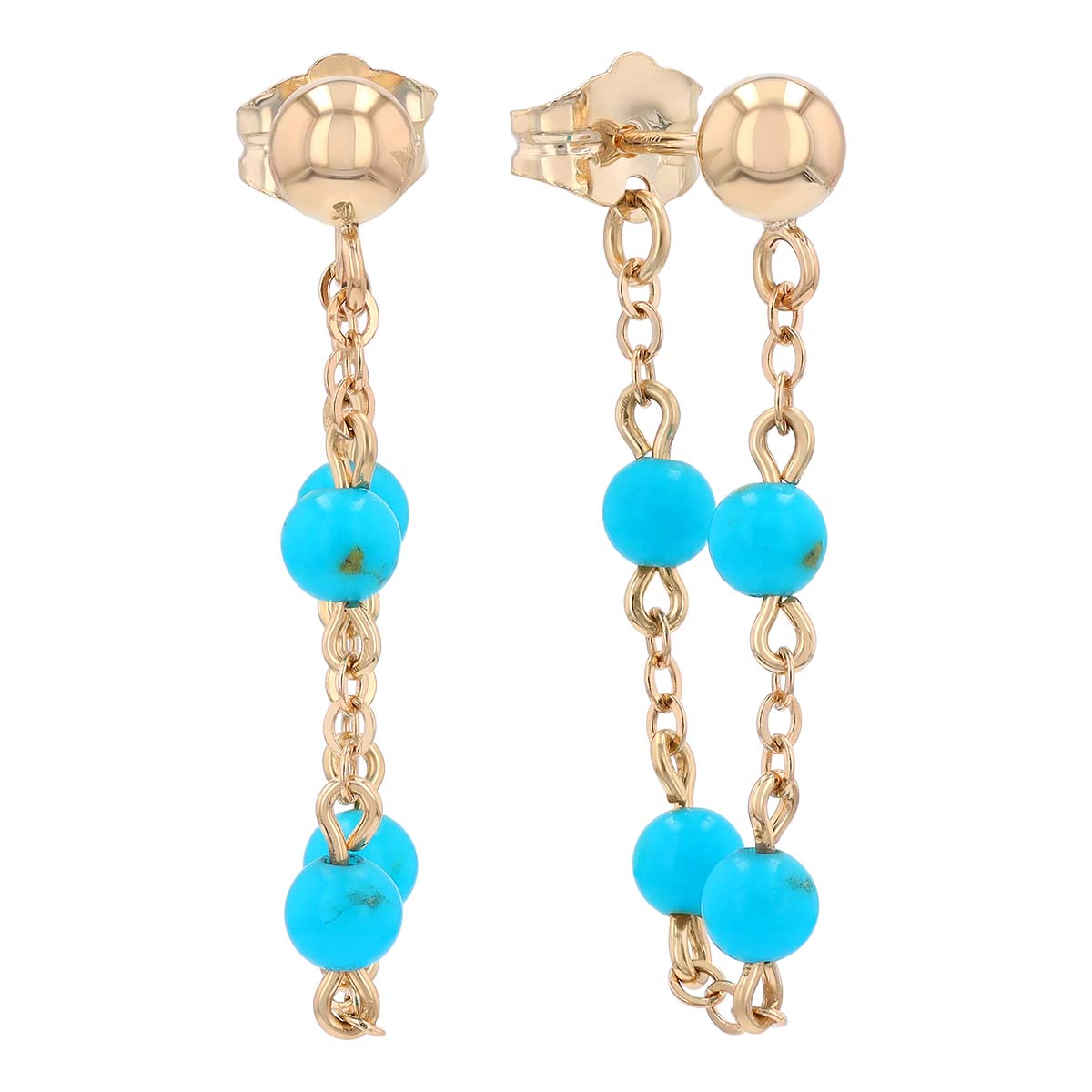Turquoise Cultured Pearl Front-to-Back Chain Dangle Earrings in Yellow Gold
