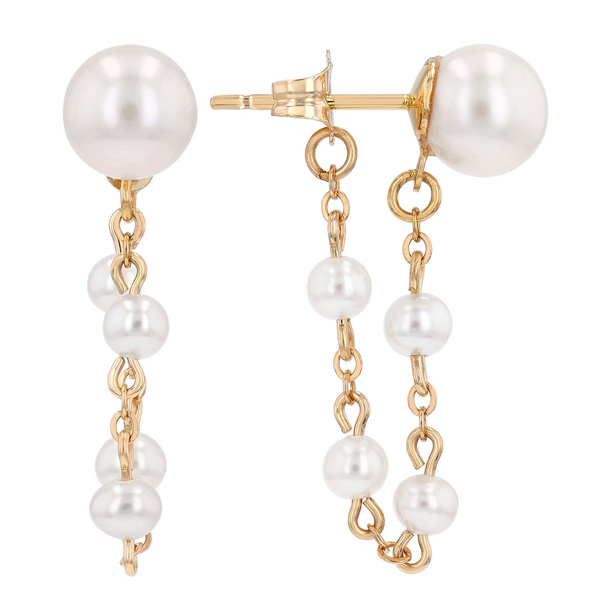 Freshwater Cultured Pearl Front-to-Back Chain Dangle Earrings in Yellow Gold