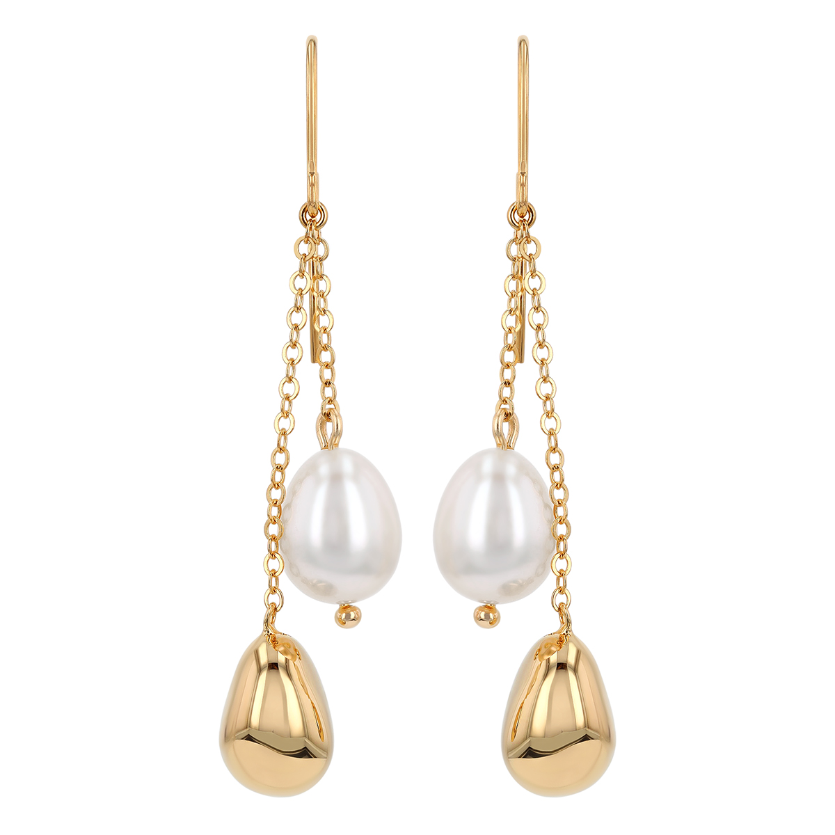 Freshwater Cultured Pearl & Yellow Gold Pebble Double Chain Dangle Earrings