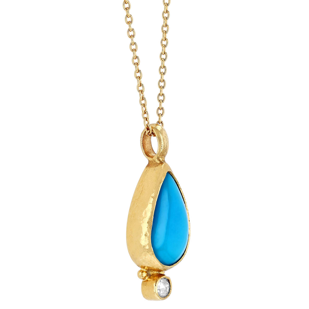 Gurhan Pear Shape Cabochon Turquoise & Rose Cut Diamond Pendant in Yellow Gold, 18'