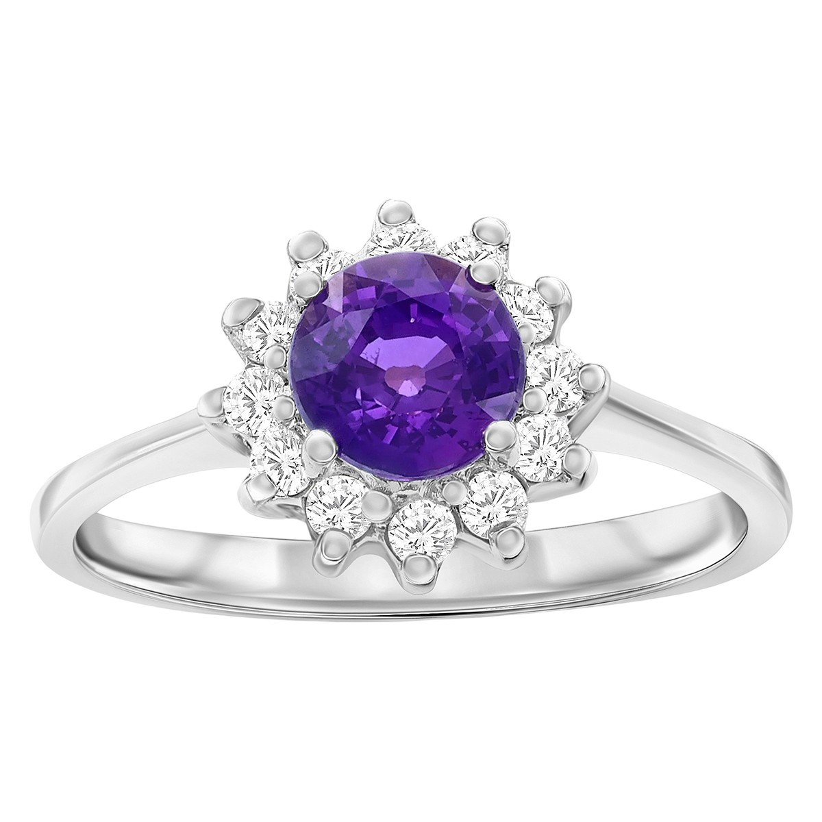 Round Purple Sapphire & Diamond Pointed Halo Ring in White Gold