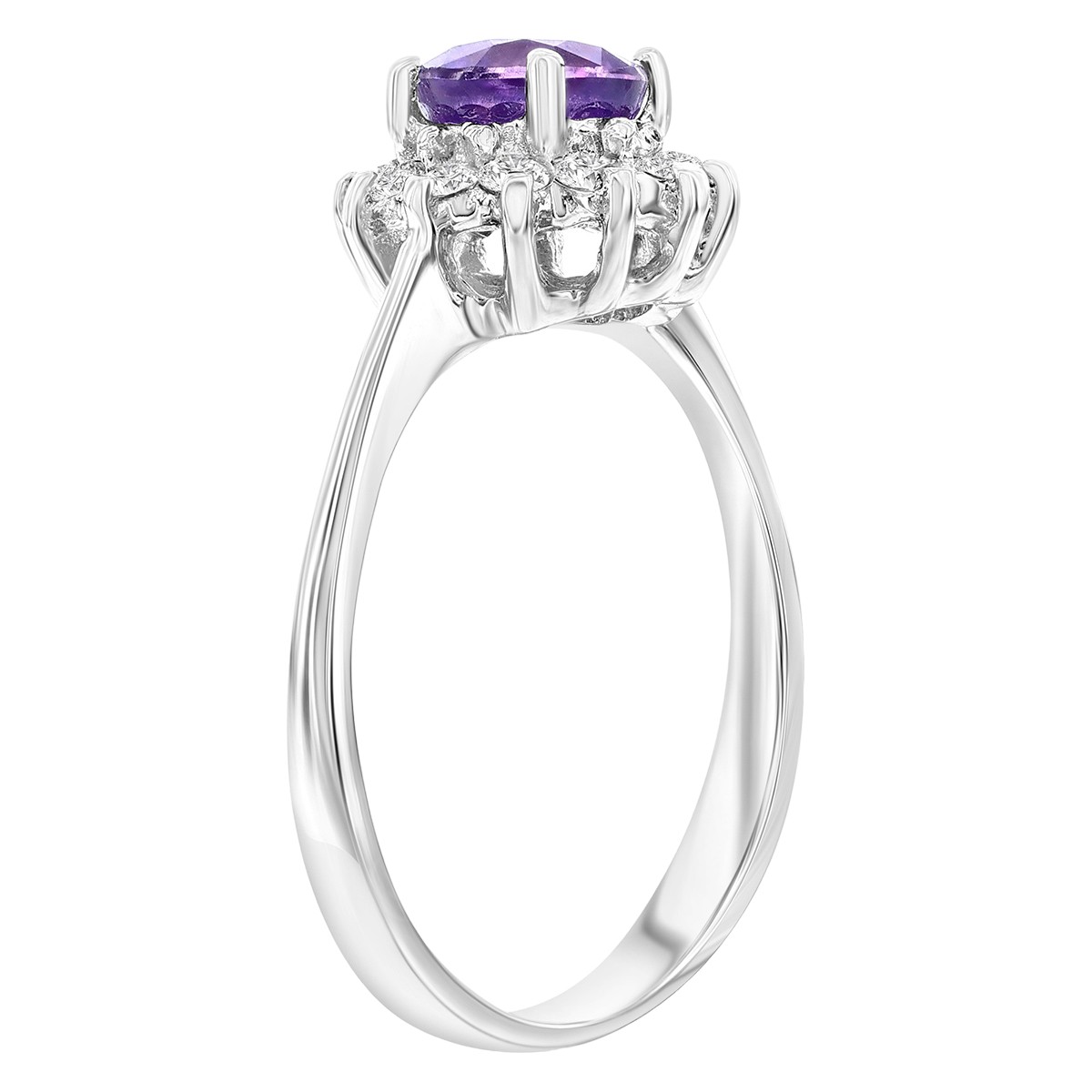 Round Purple Sapphire & Diamond Pointed Halo Ring in White Gold