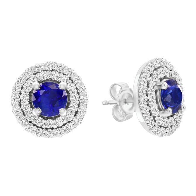 Round Sapphire & Diamond Double Halo Stud Earrings in White Gold