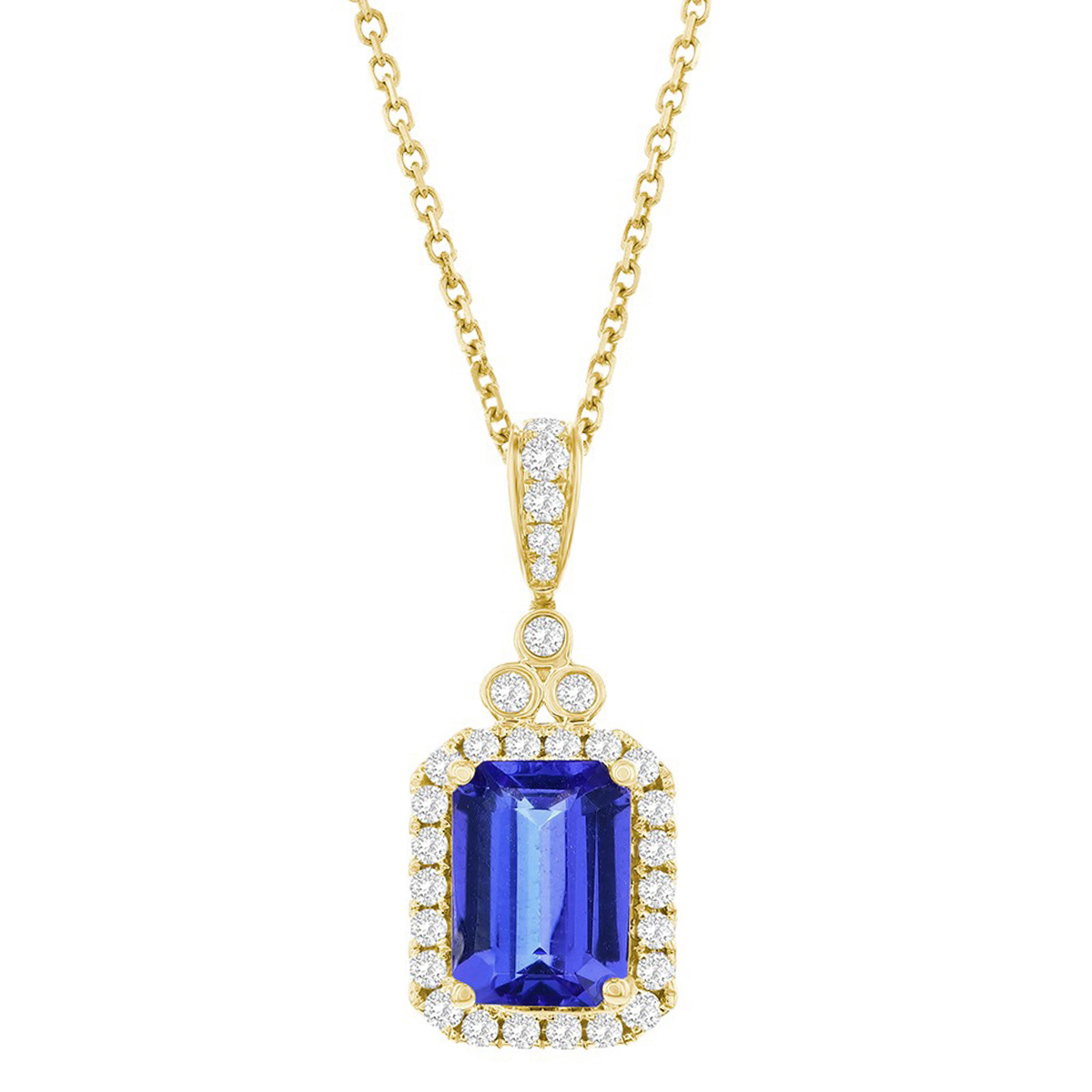 Emerald Cut Tanzanite & Diamond Halo Pendant in Yellow Gold