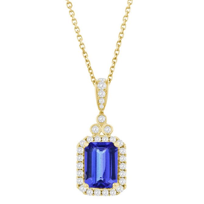 Emerald Cut Tanzanite & Diamond Halo Pendant in Yellow Gold