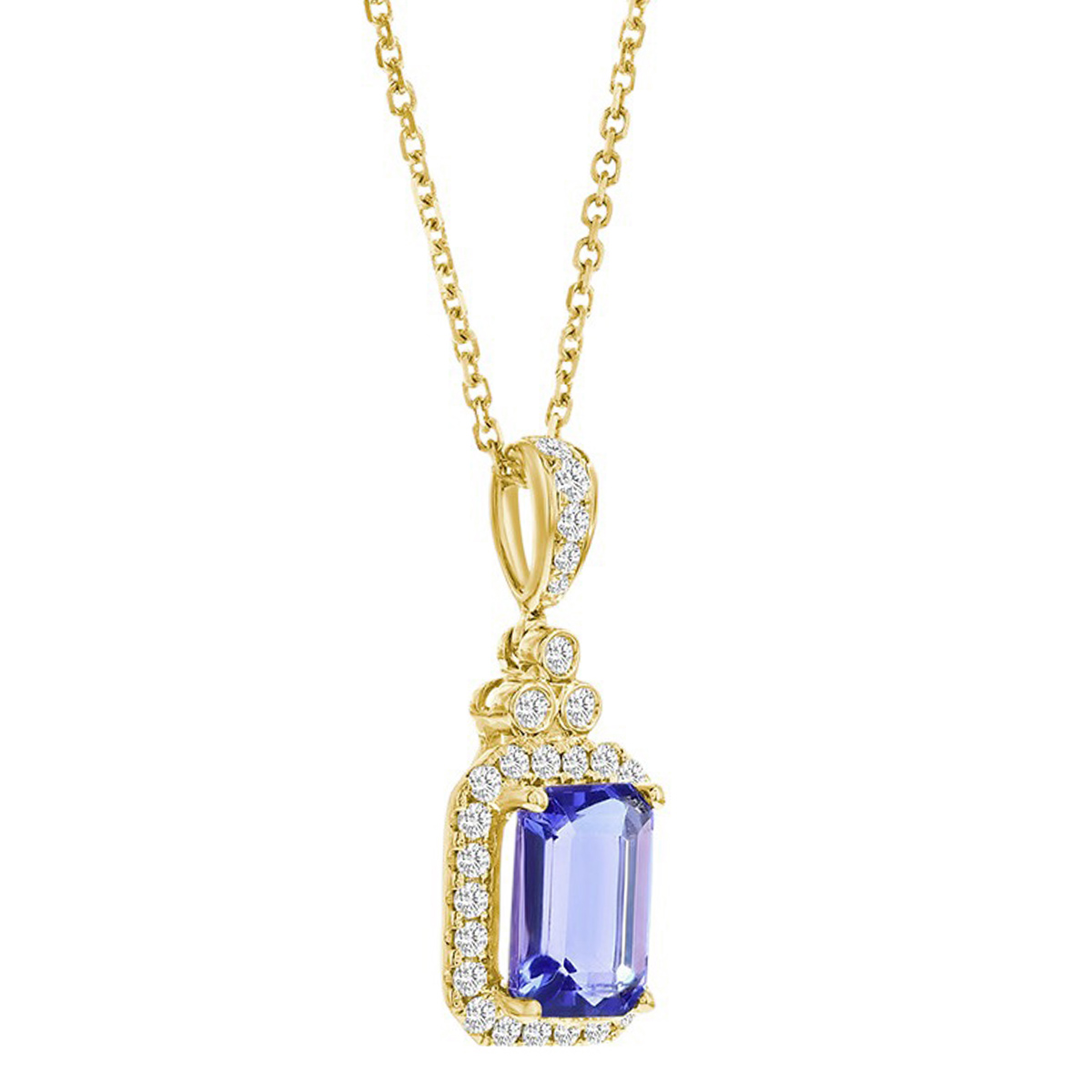 Emerald Cut Tanzanite & Diamond Halo Pendant in Yellow Gold