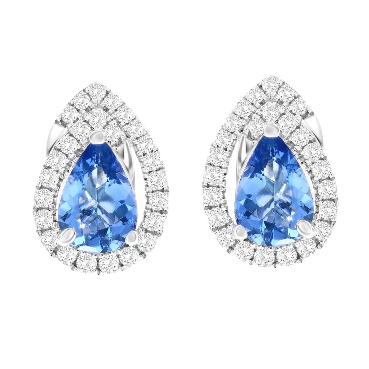 Pear Shape Aquamarine & Diamond Wrap Halo Stud Earrings in White Gold