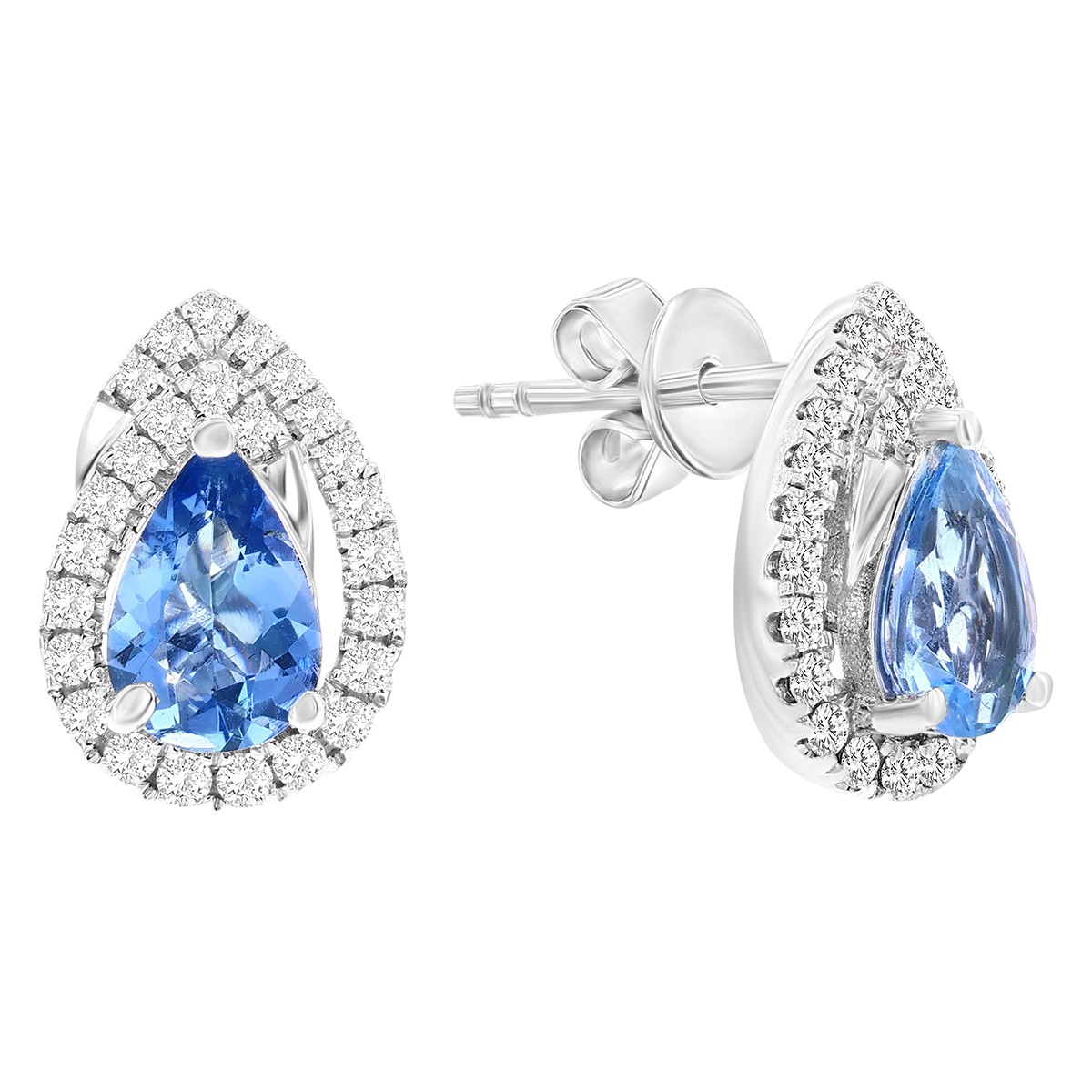 Pear Shape Aquamarine & Diamond Wrap Halo Stud Earrings in White Gold