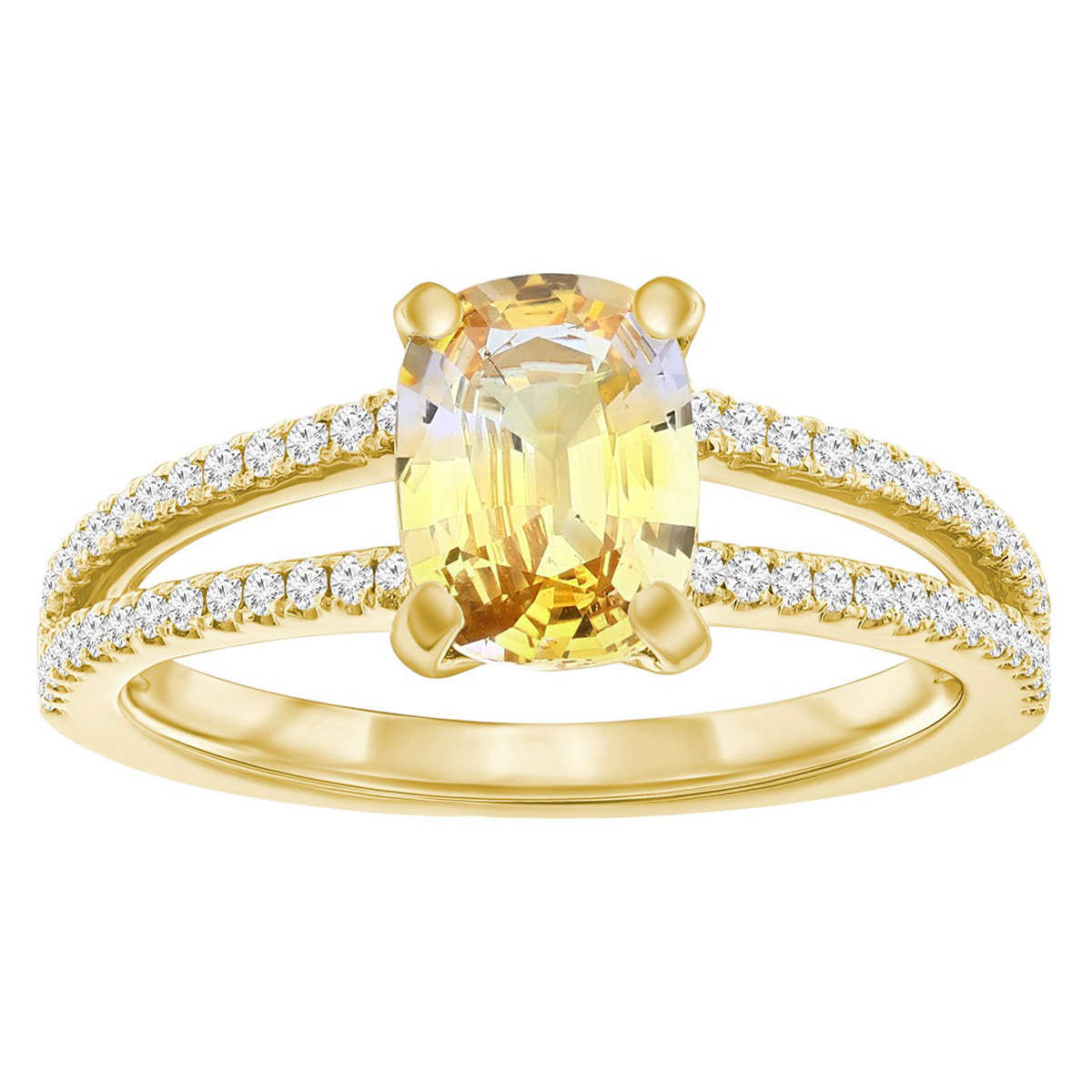 Cushion Cut Yellow Sapphire & Diamond Split Band Ring in Yellow Gold