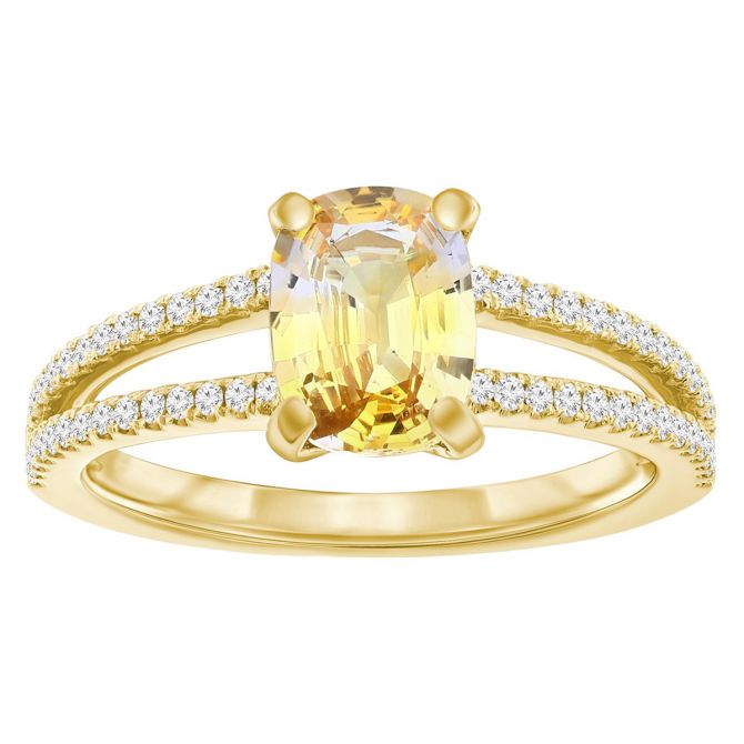 Cushion Cut Yellow Sapphire & Diamond Split Band Ring in Yellow Gold