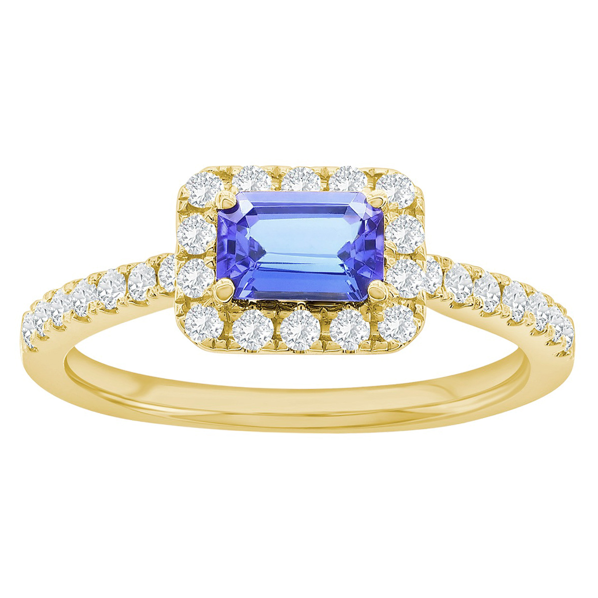 Emerald Cut Tanzanite & Diamond Halo Ring in Yellow Gold