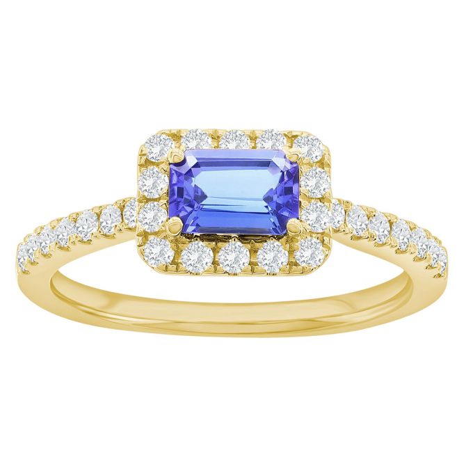 Emerald Cut Tanzanite & Diamond Halo Ring in Yellow Gold