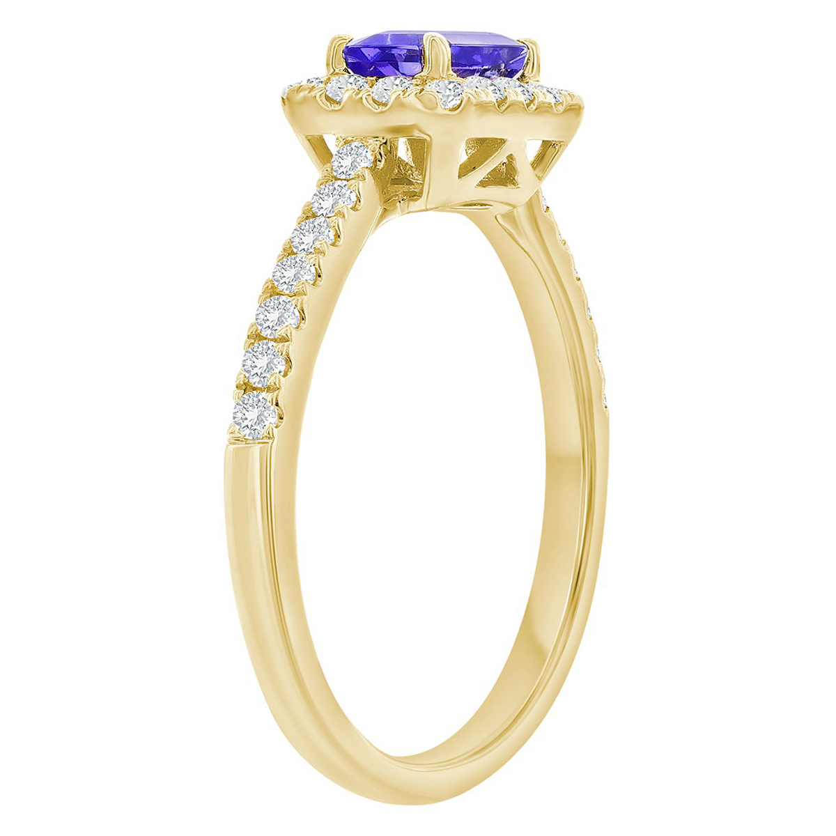Emerald Cut Tanzanite & Diamond Halo Ring in Yellow Gold