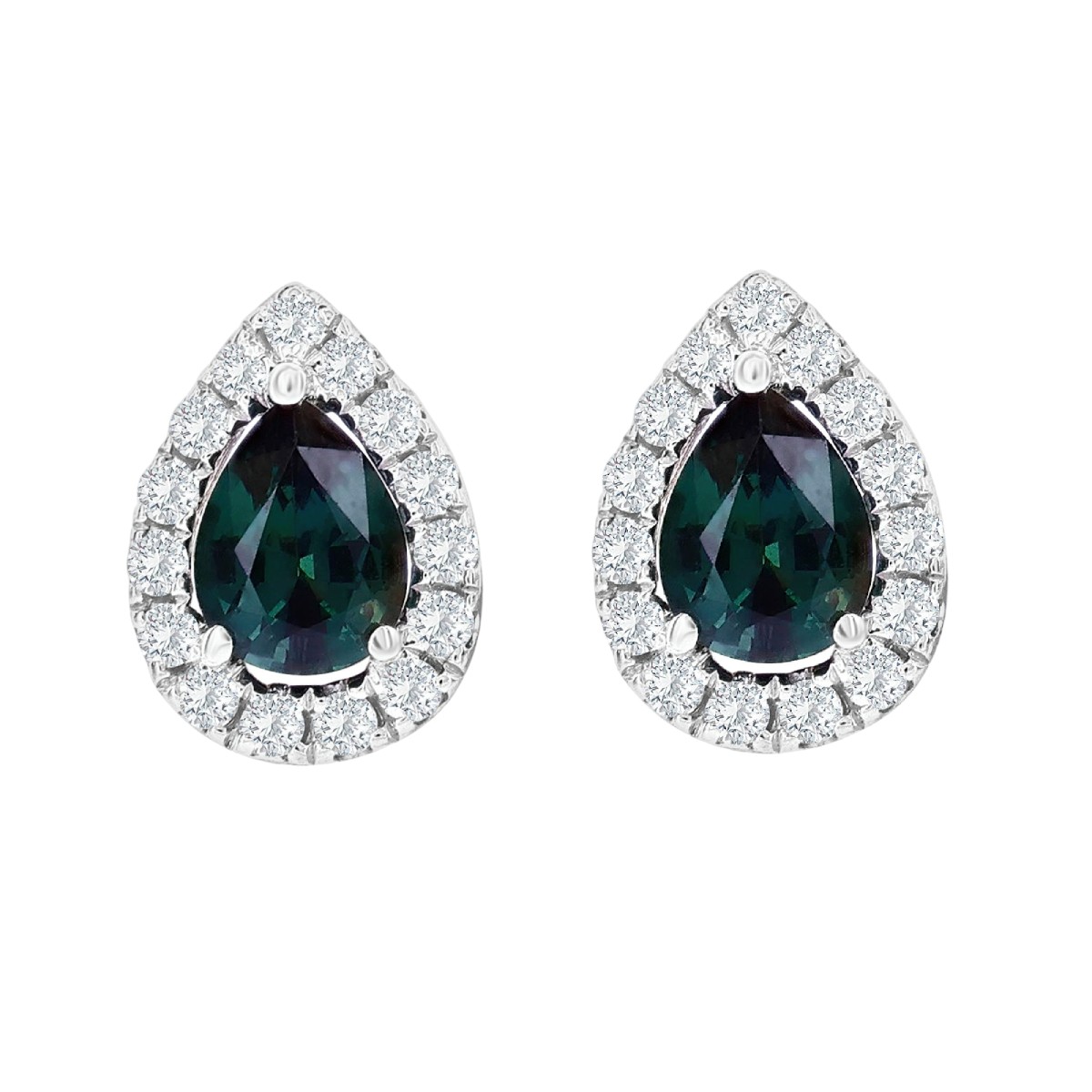 Pear Shape Alexandrite & Diamond Halo Stud Earrings in White Gold