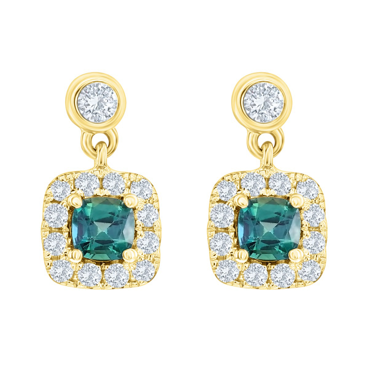 Cushion Cut Alexandrite & Diamond Halo Drop Earrings in Yellow Gold