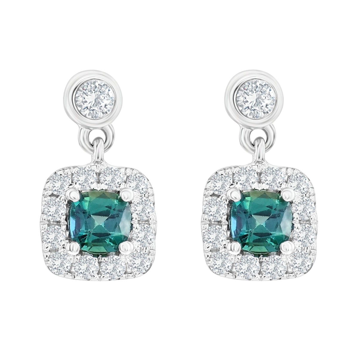 Cushion Cut Alexandrite & Diamond Halo Drop Earrings in White Gold
