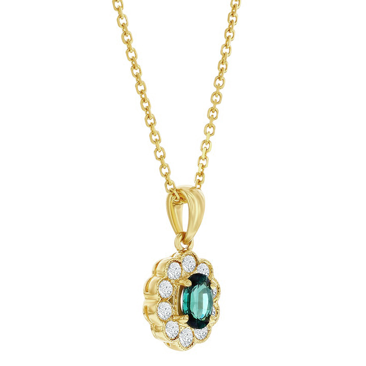 Oval Alexandrite & Diamond Floral Halo Pendant in Yellow Gold