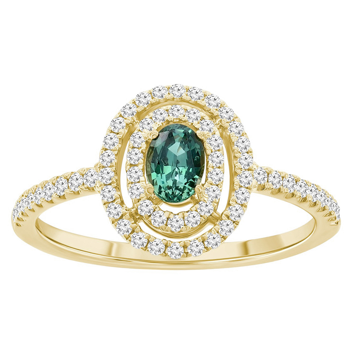 Oval Alexandrite & Double Diamond Halo Ring in Yellow Gold
