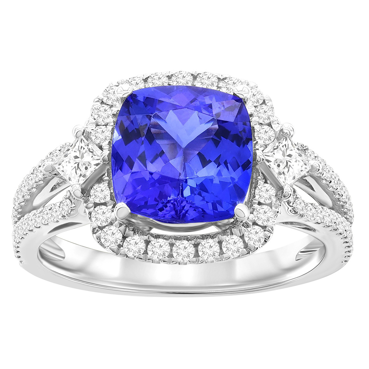 Cushion Cut Tanzanite & Diamond Halo Split Band Ring in White Gold