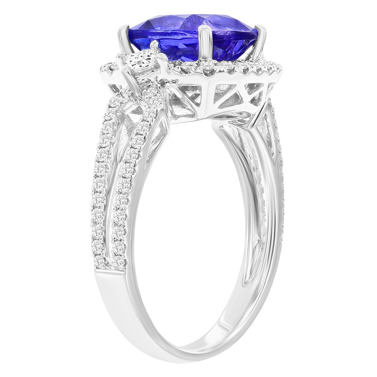 Cushion Cut Tanzanite & Diamond Halo Split Band Ring in White Gold