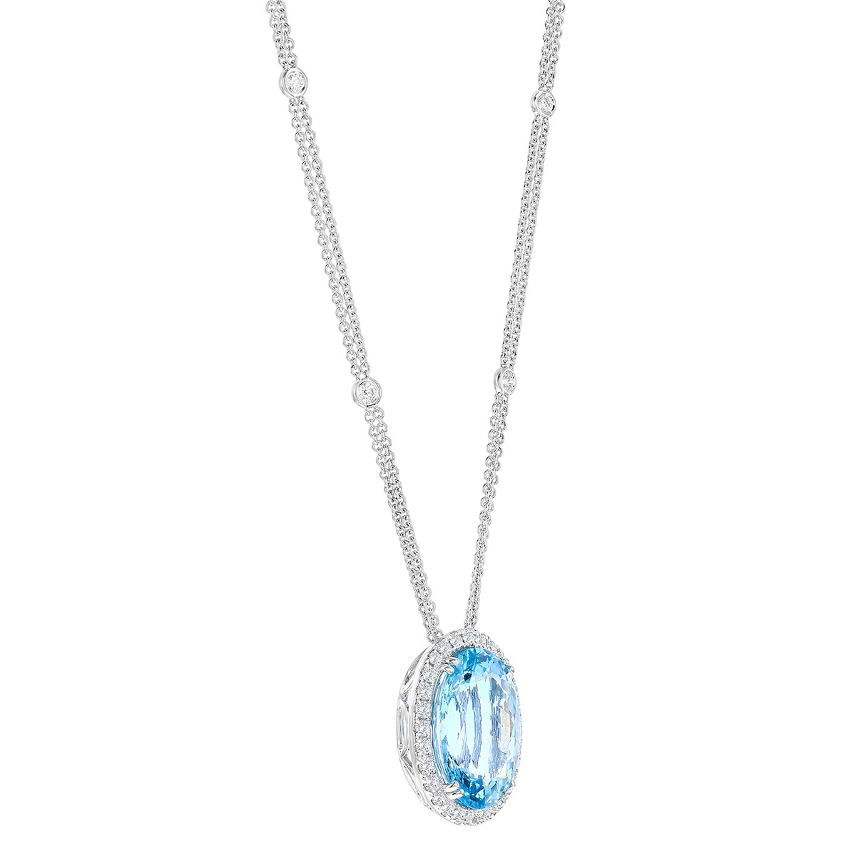 Oval Aquamarine & Diamond Halo Double Strand Necklace in White Gold