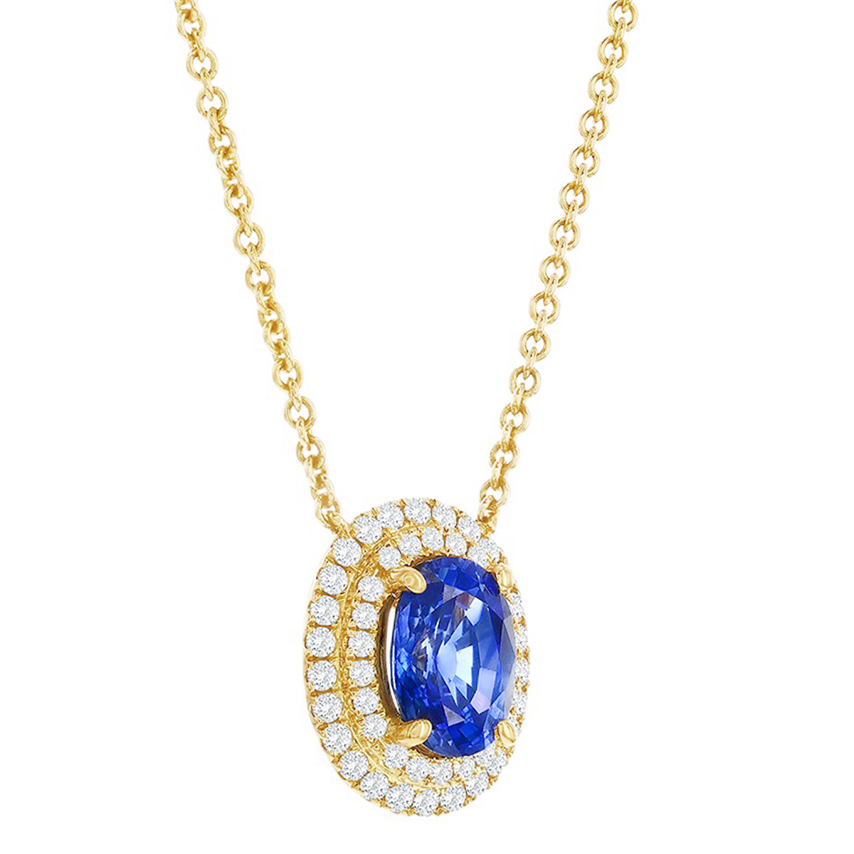Oval Sapphire & Double Diamond Halo Pendant in Yellow Gold
