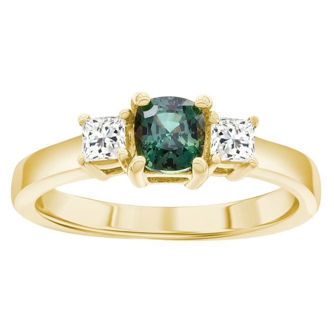 Cushion Cut Alexandrite & Princess Cut Diamond Side Stone Ring in Yellow Gold