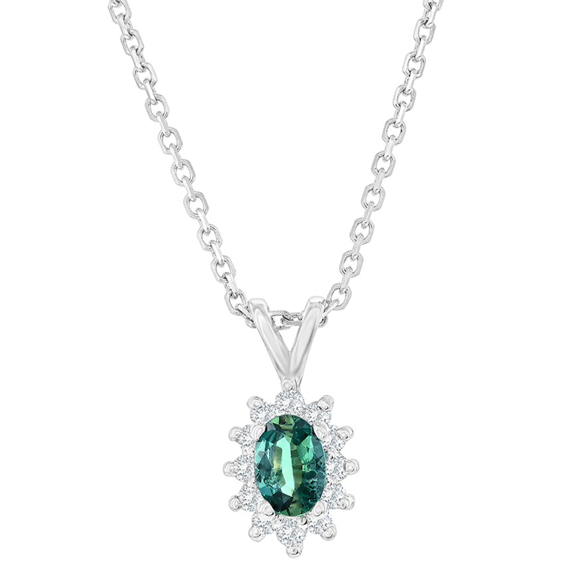 Oval Alexandrite & Diamond Pointed Halo Pendant in White Gold