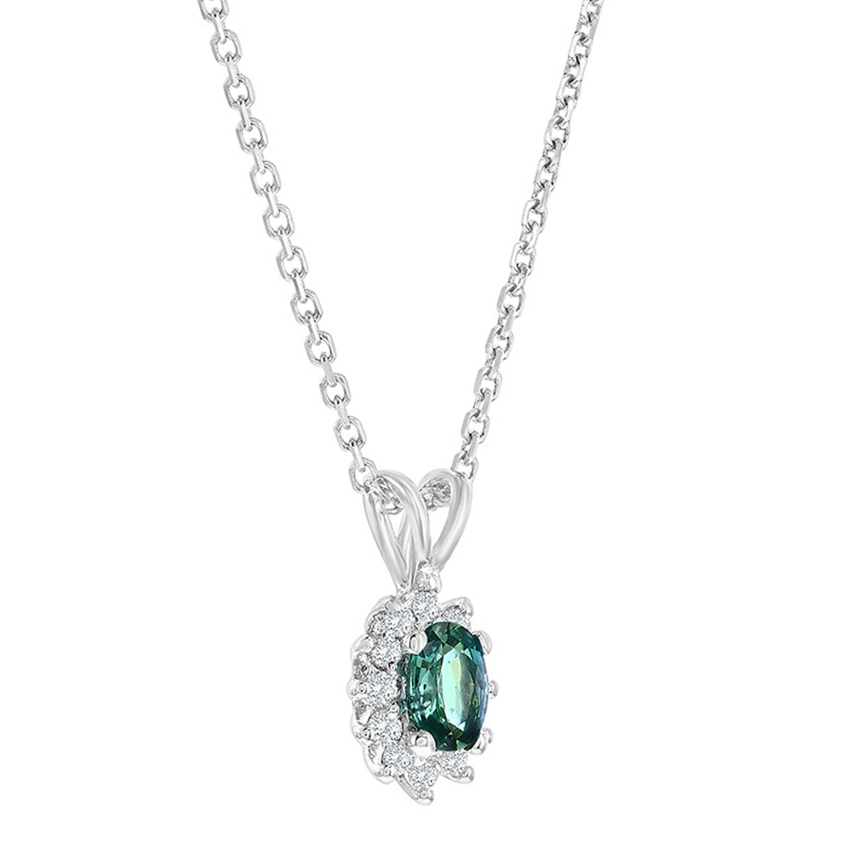 Oval Alexandrite & Diamond Pointed Halo Pendant in White Gold