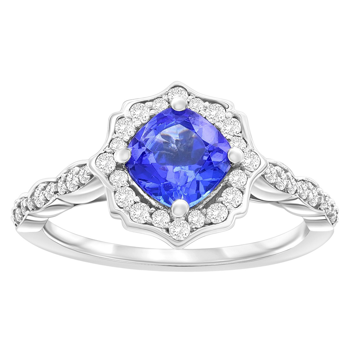 Cushion Cabochon Tanzanite & Diamond Scalloped Halo Ring in White Gold
