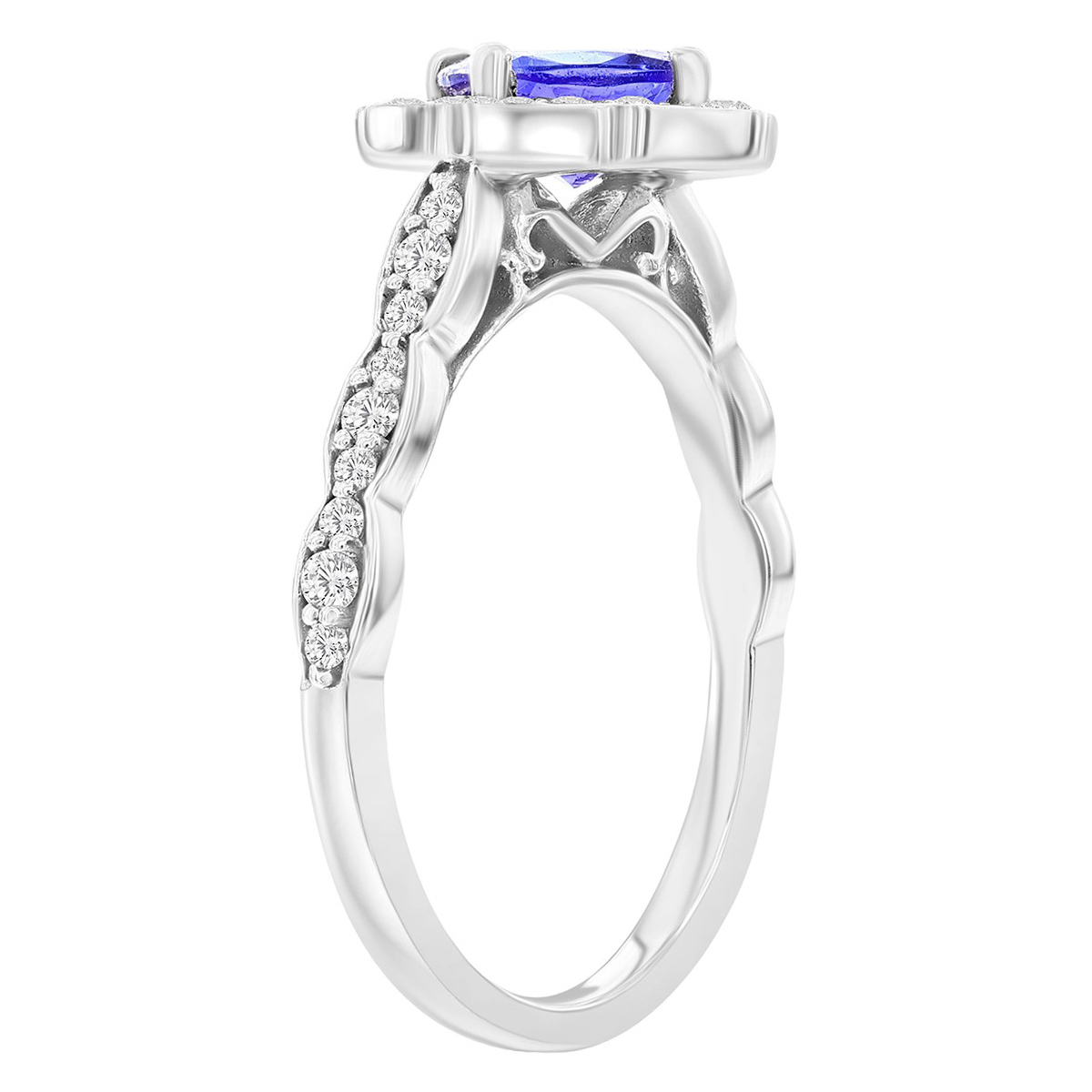 Cushion Cabochon Tanzanite & Diamond Scalloped Halo Ring in White Gold