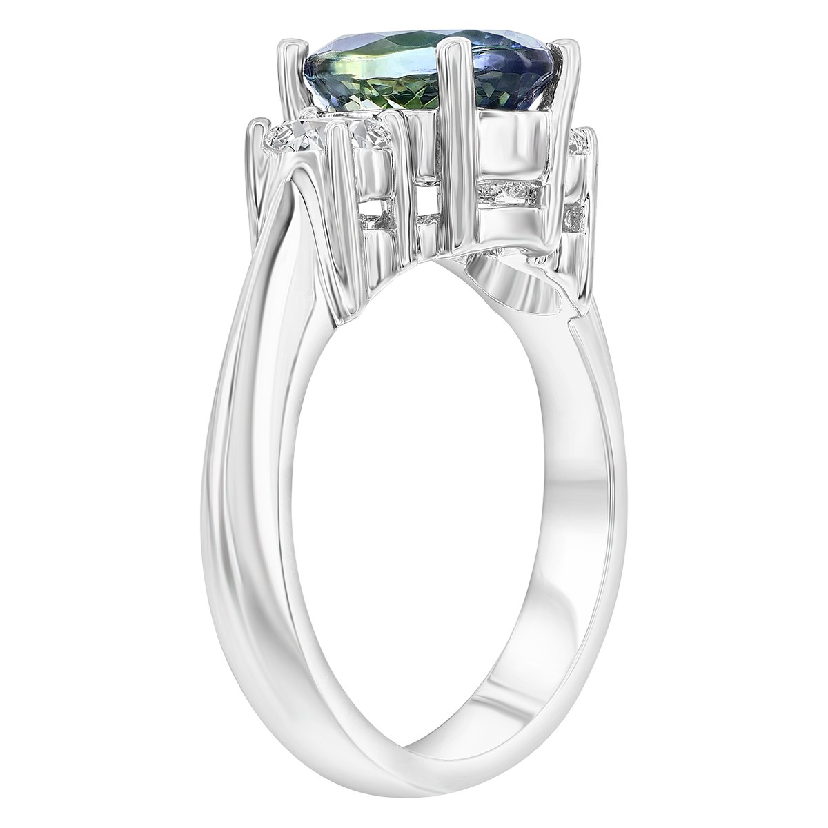 Oval Multicolored Tanzanite & Diamond Side Stone Ring in White Gold