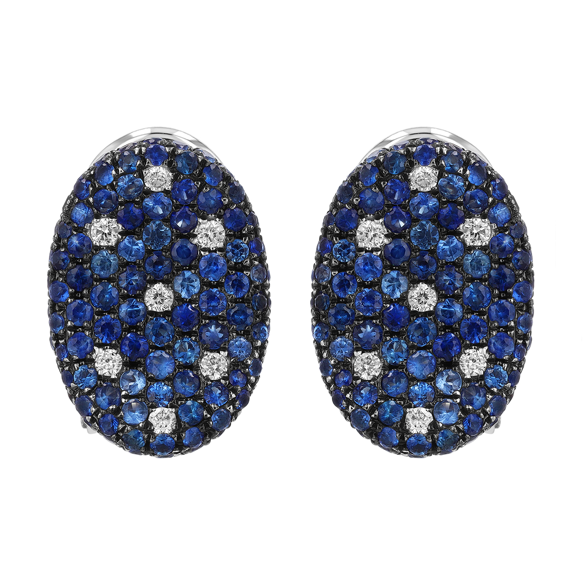 Sapphire & Diamond Pave Curved Oval Leverback Post Earrings in White Gold & Black Rhodium